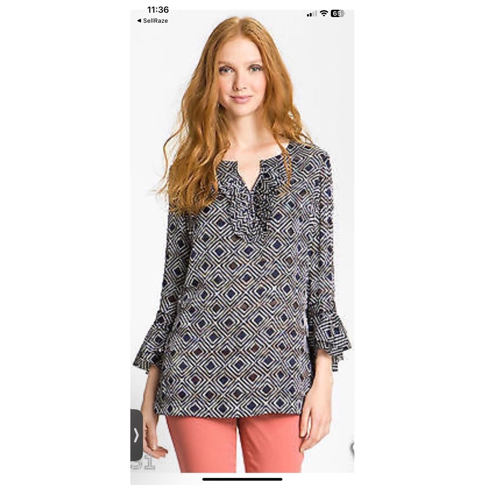 Tory Burch Tunic Top Womens 6 Gwenna Normandy Blue Geometric Ruffle V Neck